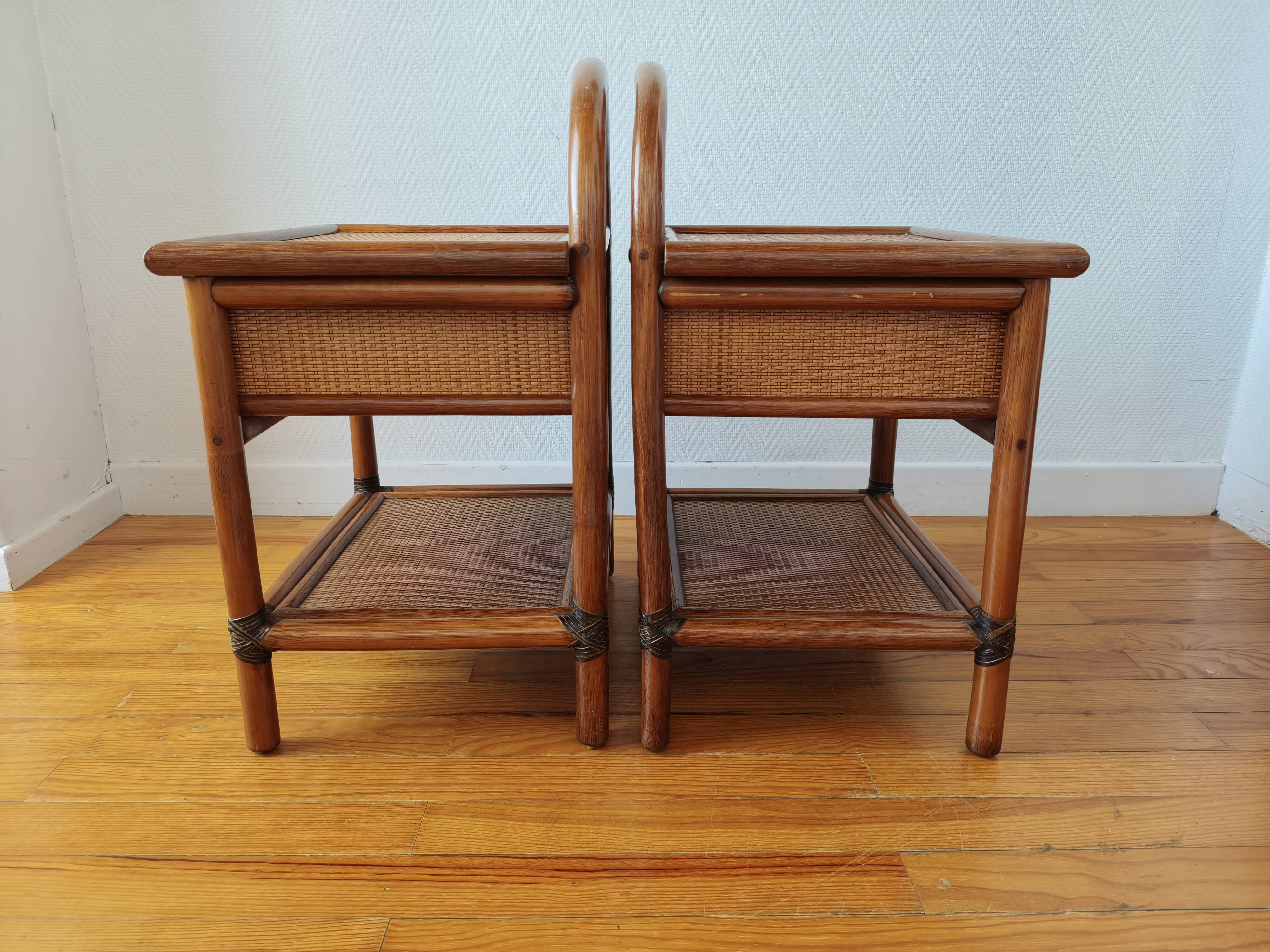 Pair of vintage rattan and cane bedside tables, 1970s