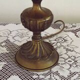 Spanish vintage brass table lamp with beige braided plastic shade 5555.