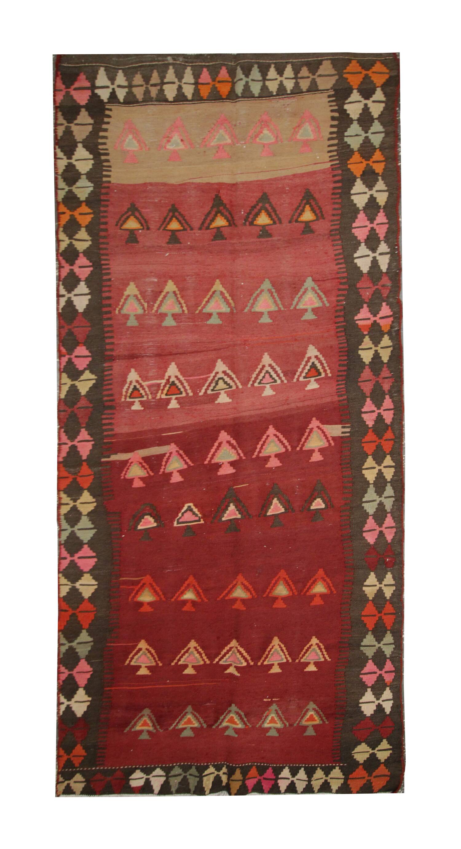 Vintage Kilim Runner, 1960s Burgundy & Pink Wool Rug 295 x 120 cm