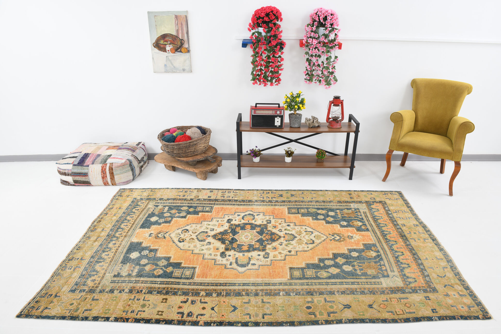 Tapis rustique primitif vintage noué à la main, 266x163Cm