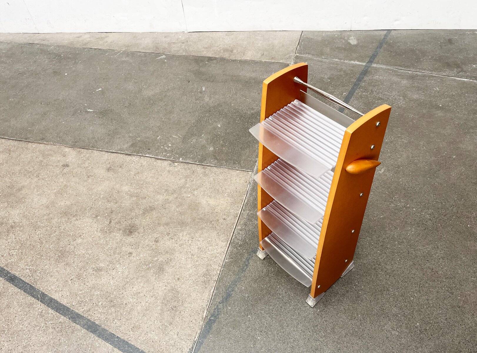 Postmodern CD storage unit in wood, metal, and plastic by Ezech, 1980s.