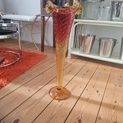 Very large vintage cornucopia vase in gradient red and amber glass - H 53.5 cm