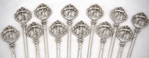 Christofle, 12 skewers, brochettes, metal silver-plated meat picks, anchor.