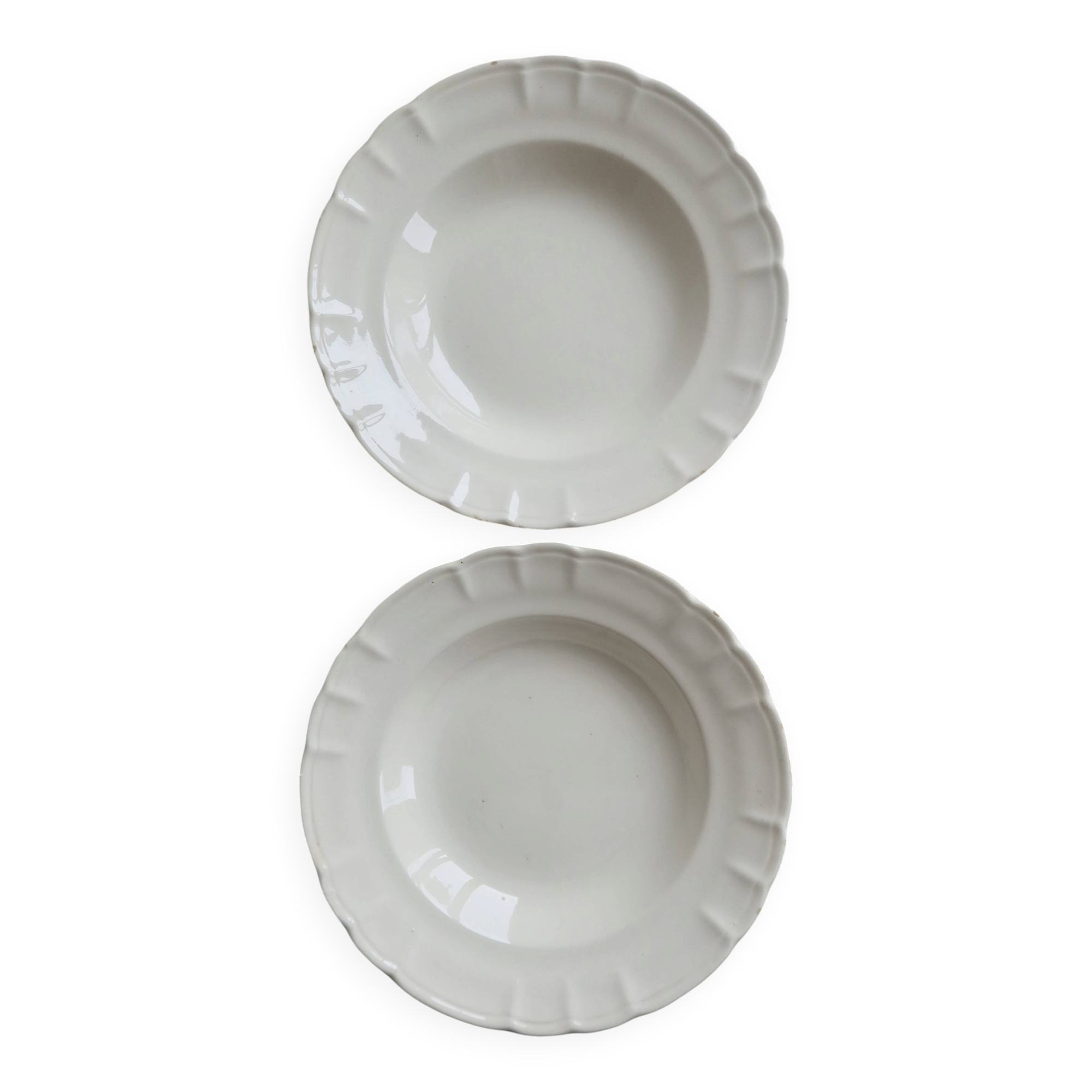 Pair of antique ivory faience deep plates ADP Luxcerae