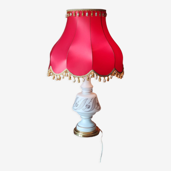 Vintage lamp of the 50s in white and golden opaline glass lampshade in red satin 75cm