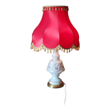 Vintage lamp of the 50s in white and golden opaline glass lampshade in red satin 75cm