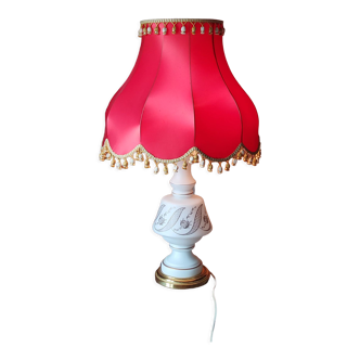 Vintage lamp of the 50s in white and golden opaline glass lampshade in red satin 75cm