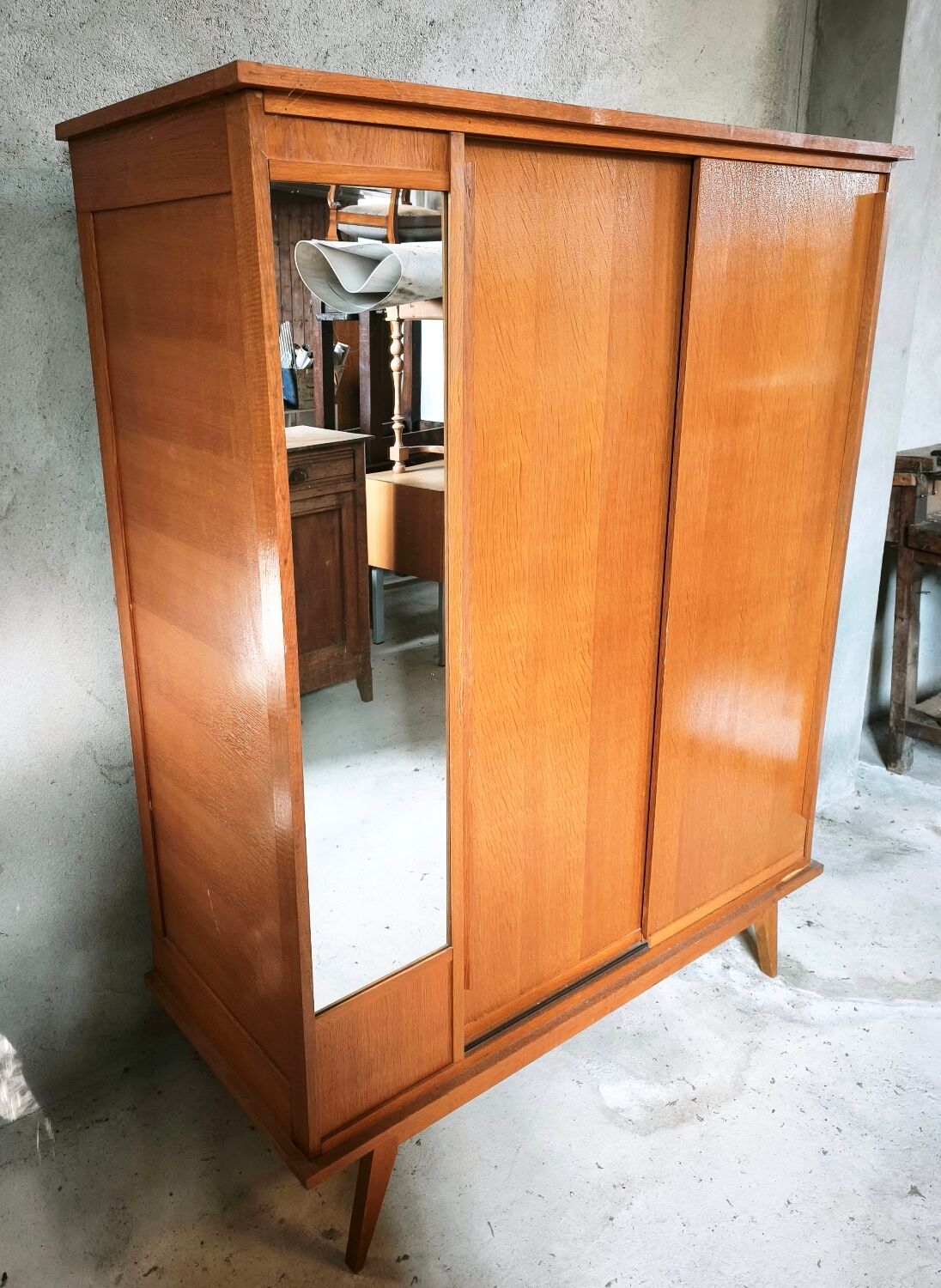 Vintage Scandinavian wardrobe, tapered legs, sliding door.