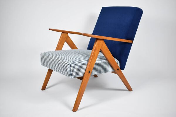 Fauteuil compas original, pied de poule, velours bleu, années 1960, restauré