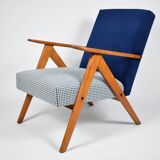 Original armchair compas, pied de poule, blue velvet, 1960s, restored