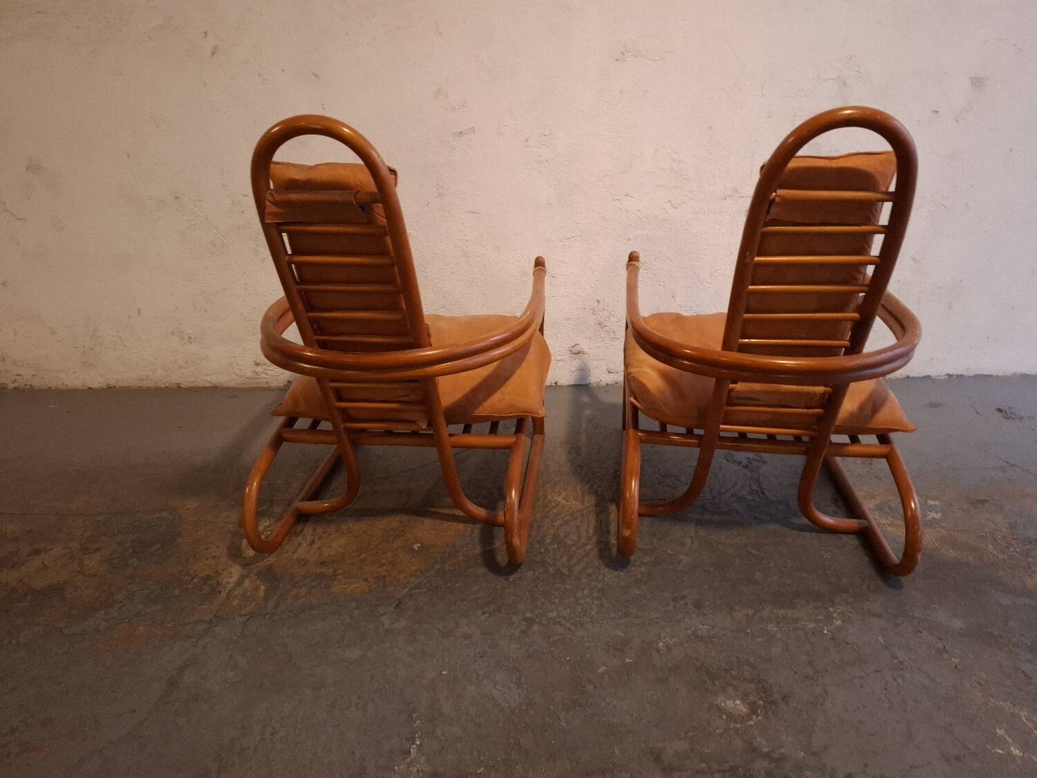 Set de fauteuils en bambou et cuir années 60'S