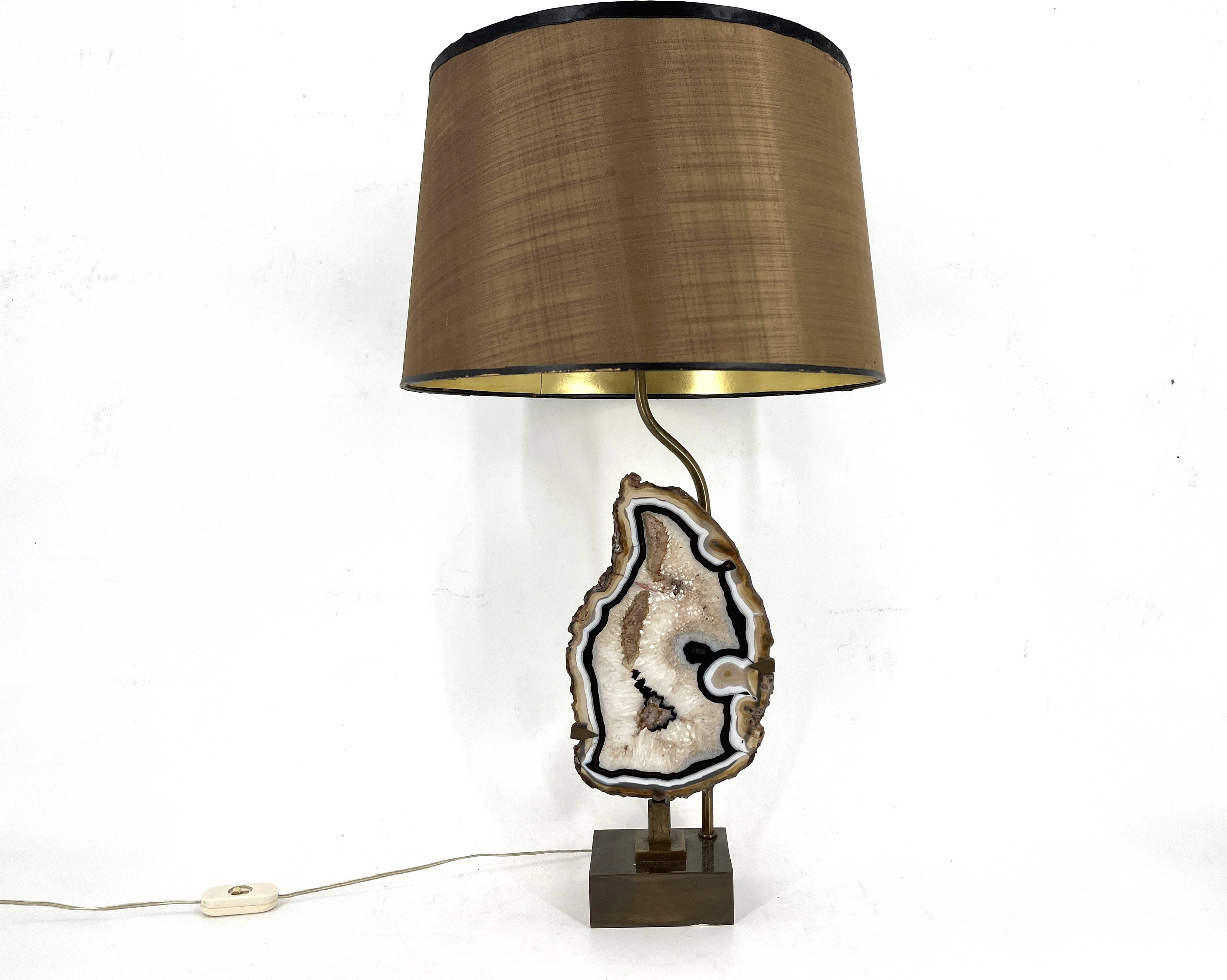 Lampe de table vintage en tranches d'agate en laiton, années 1970