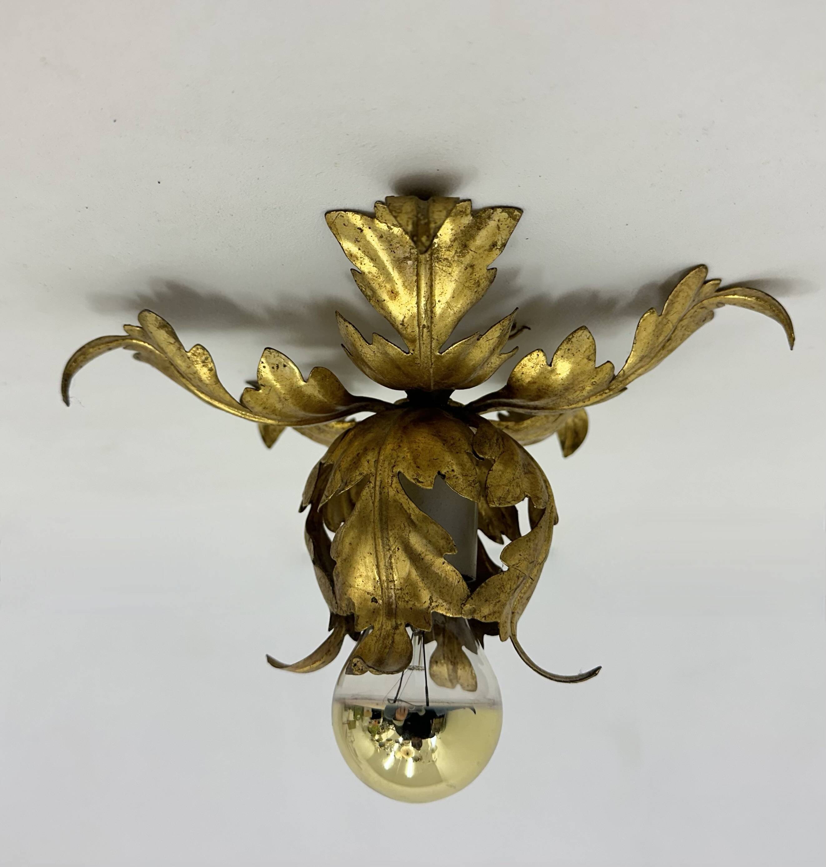 Hollywood regency gold leaf flower light , 1970s