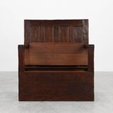 Rustic solid oak carved bench with storage compartment, France 19th century