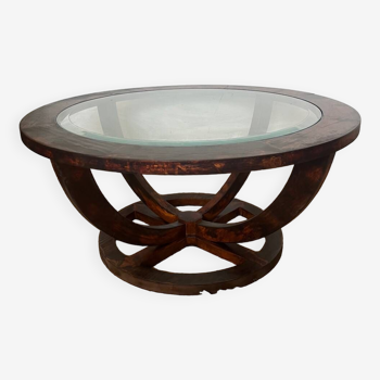 Table basse ovale en bois et verre biseauté