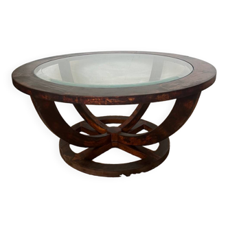 Table basse ovale en bois et verre biseauté