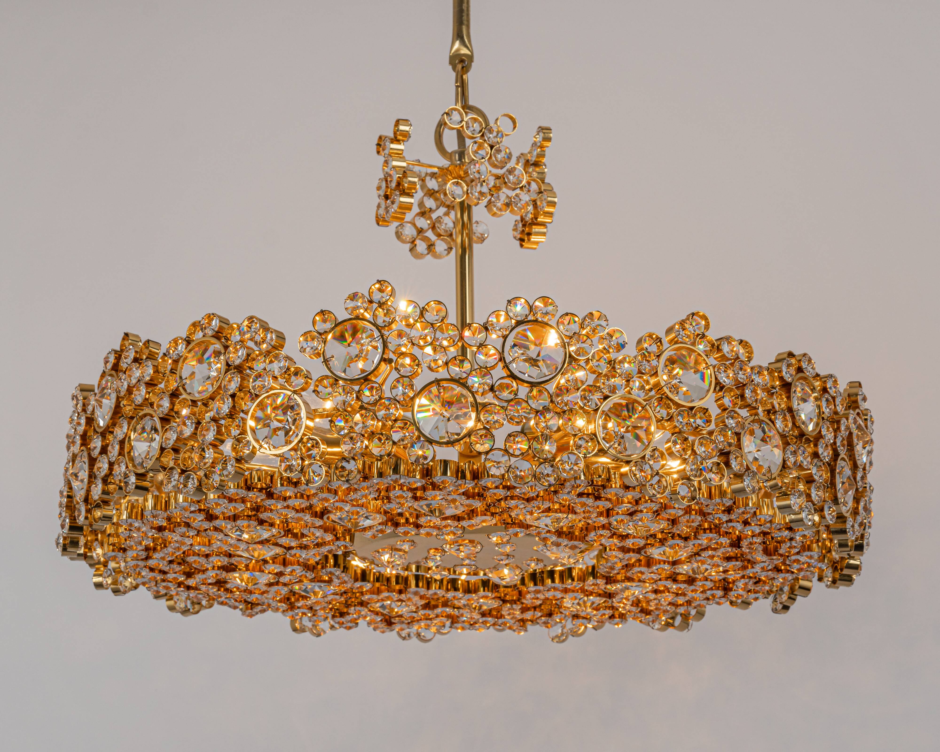 Gilt Brass and Crystal Glass Encrusted Chandeliers by Palwa, Germany, 1970s