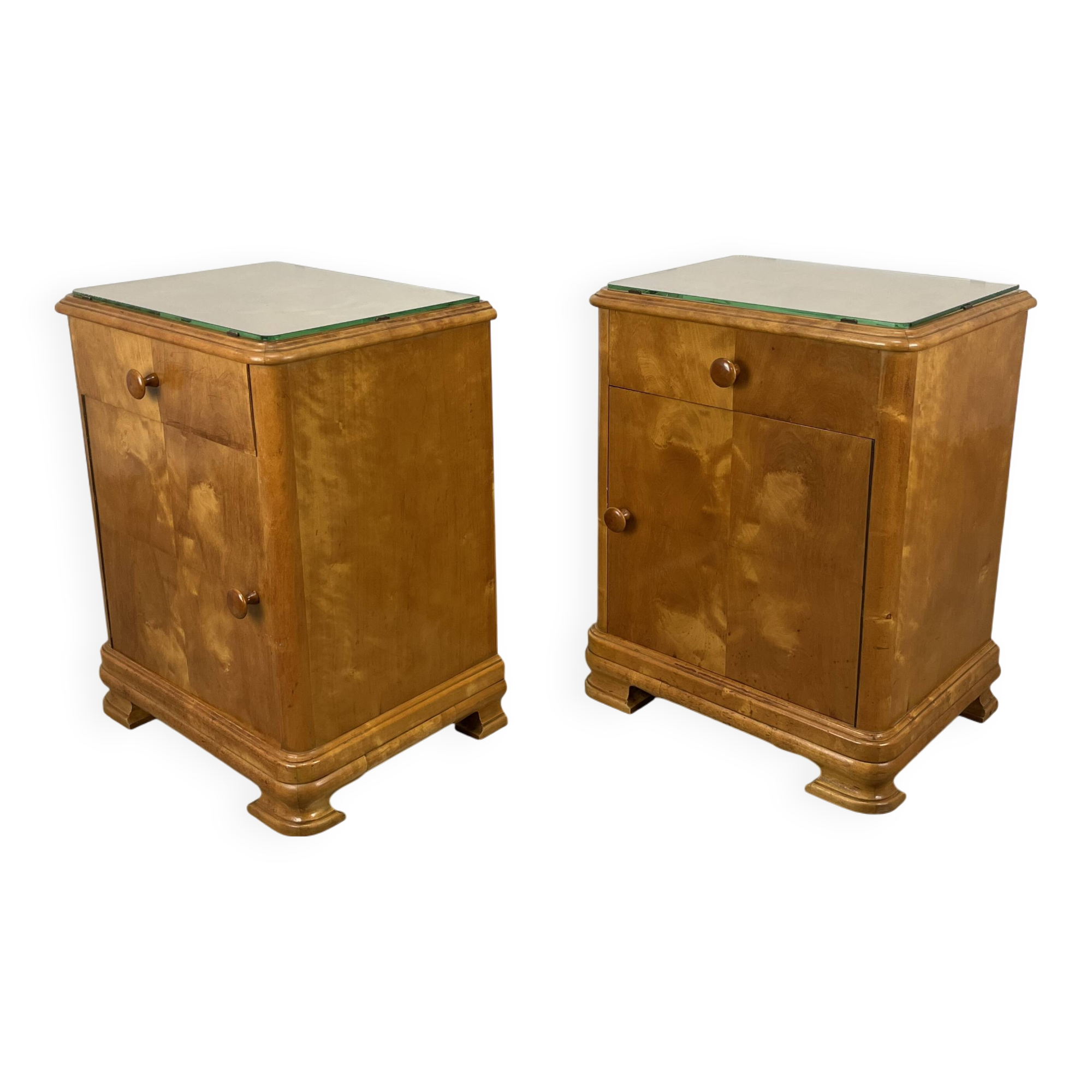 Pair of art deco burl bedside tables, 1930