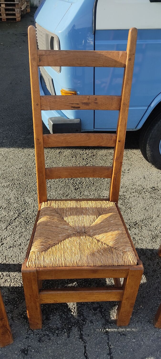Ensemble de 4 chaises bois paille brutaliste