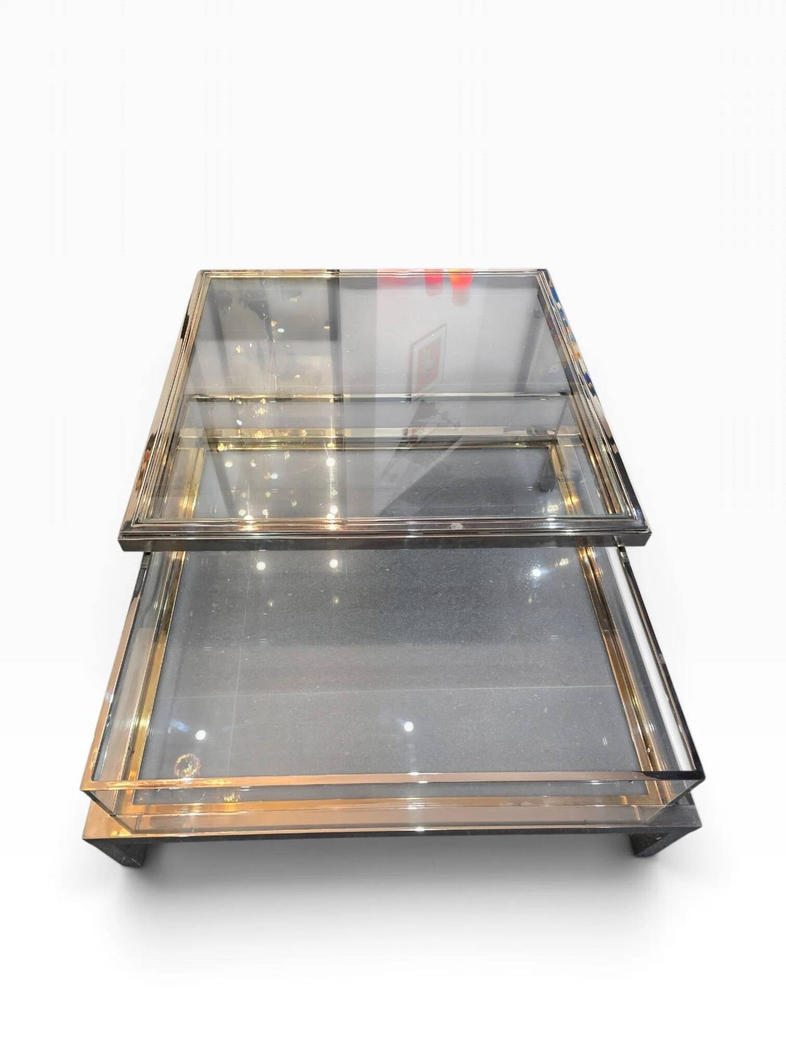 Sliding top coffee table – 70s design – chrome & glass – 108 cm