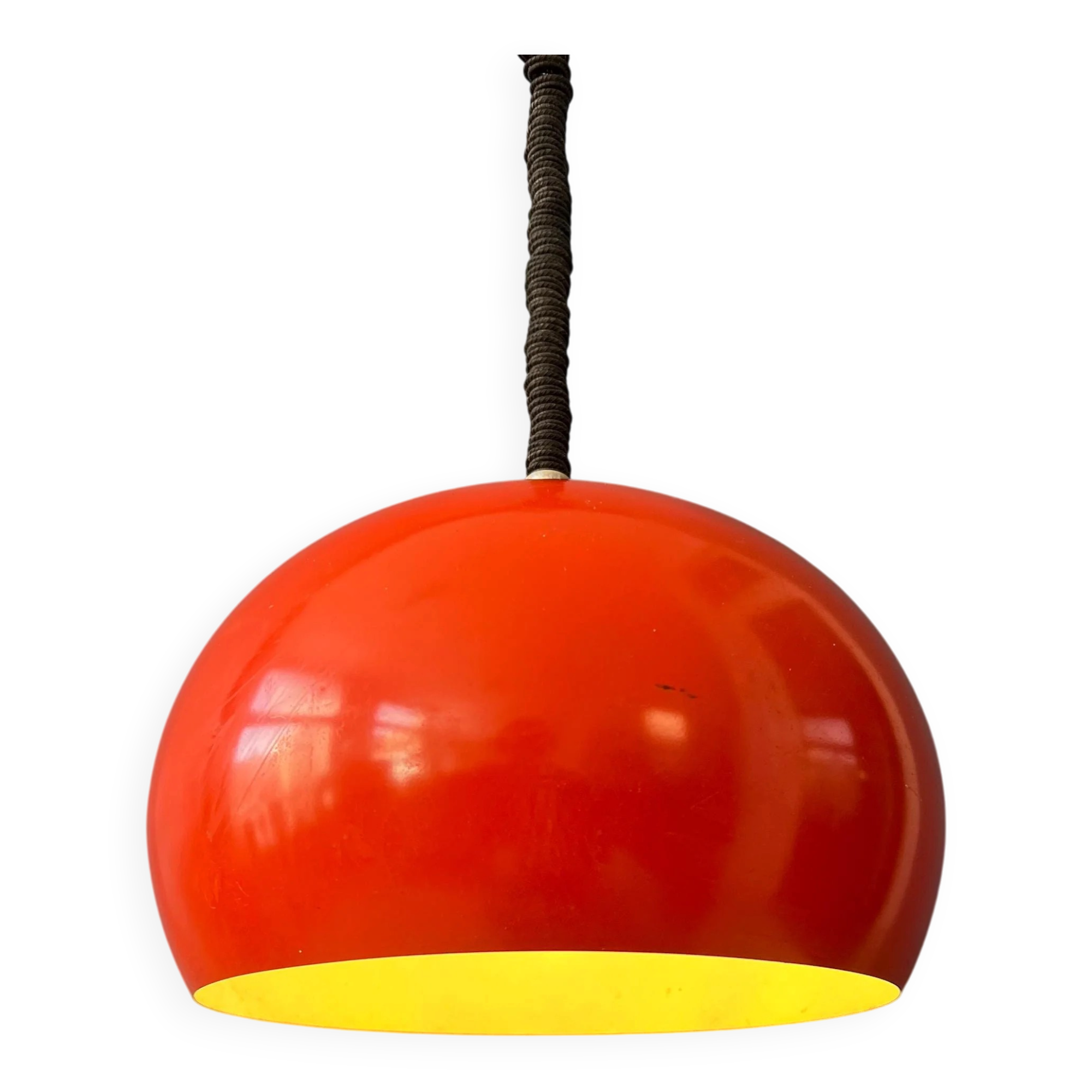 Large vintage red metal pendant light in Space Age style