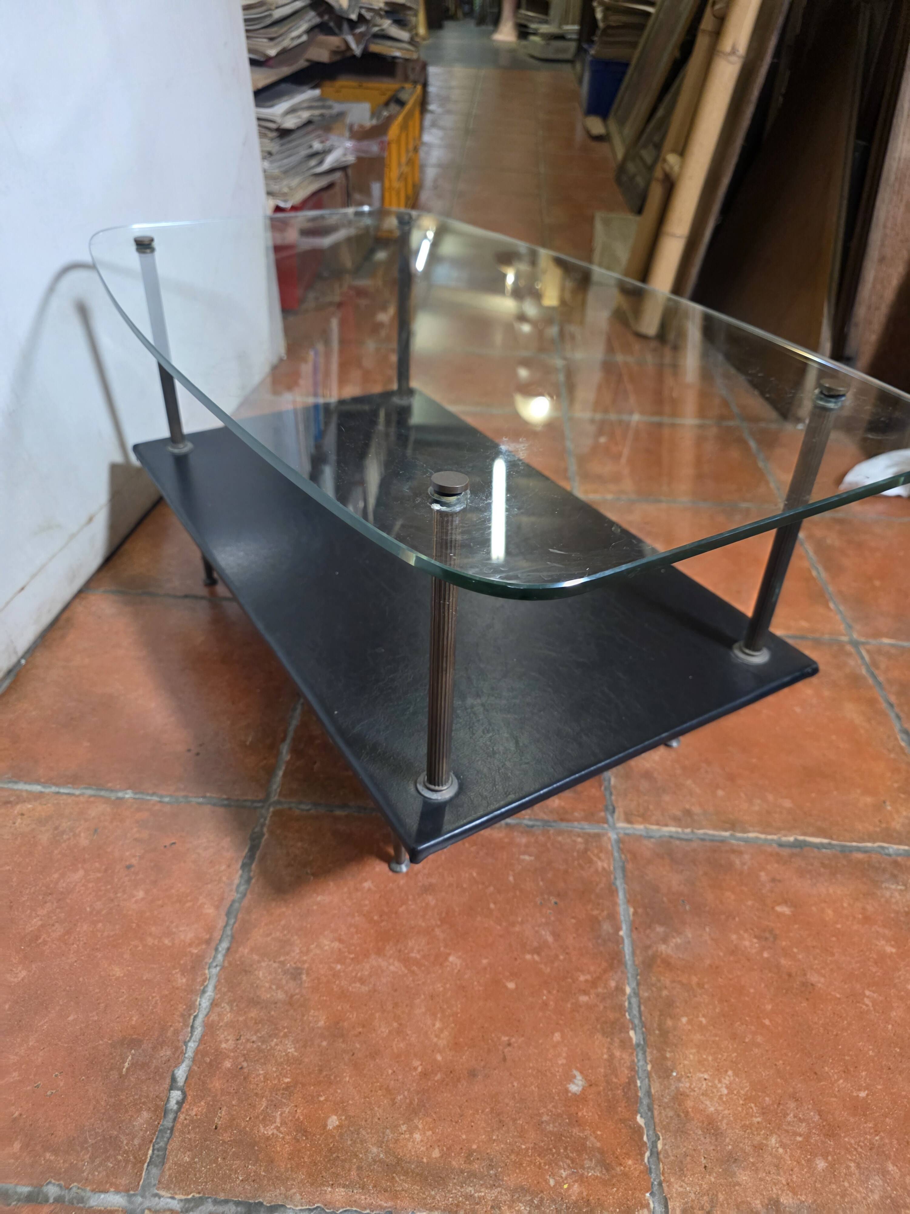 Vintage coffee table from the 1960s, glass, faux leather, brass.