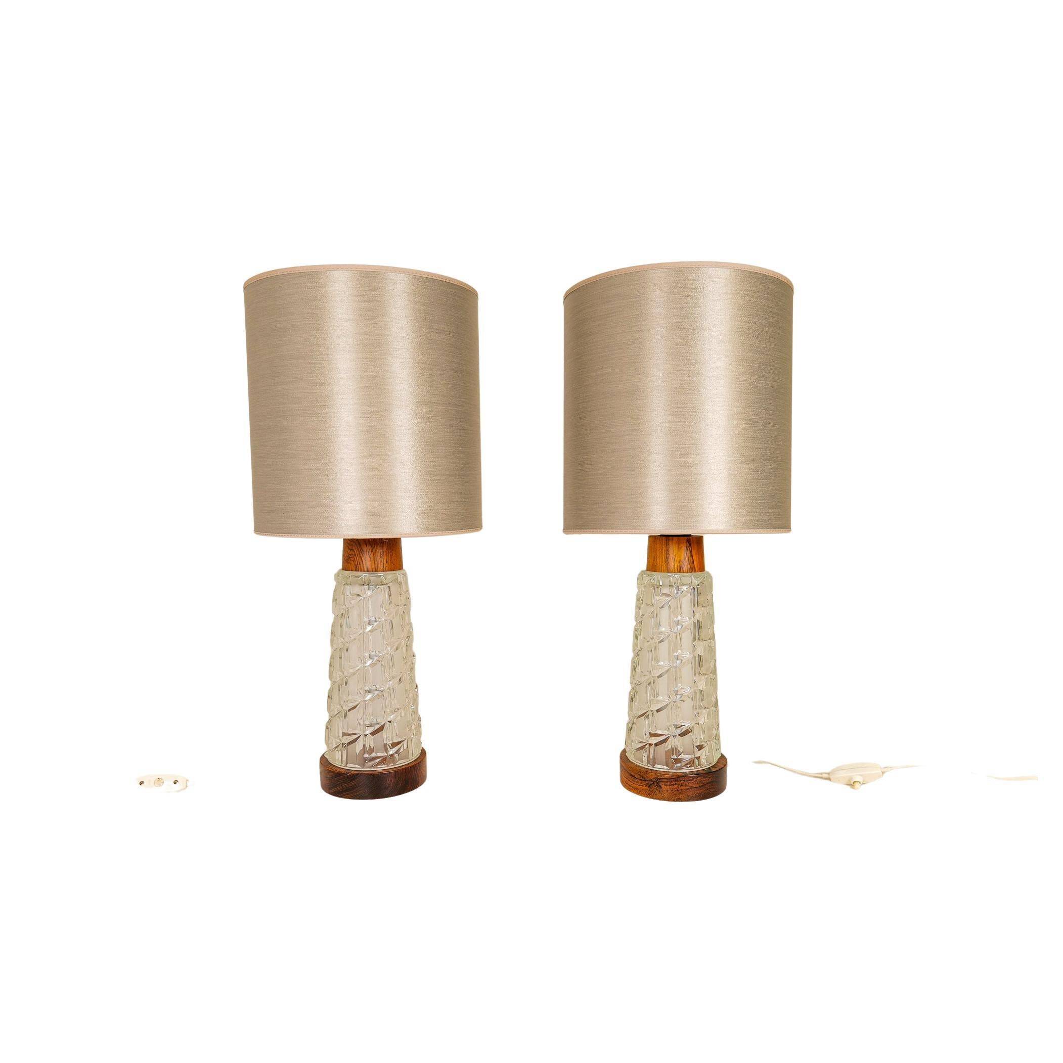 Midcentury table lamps Orrefors teak and glass Sweden