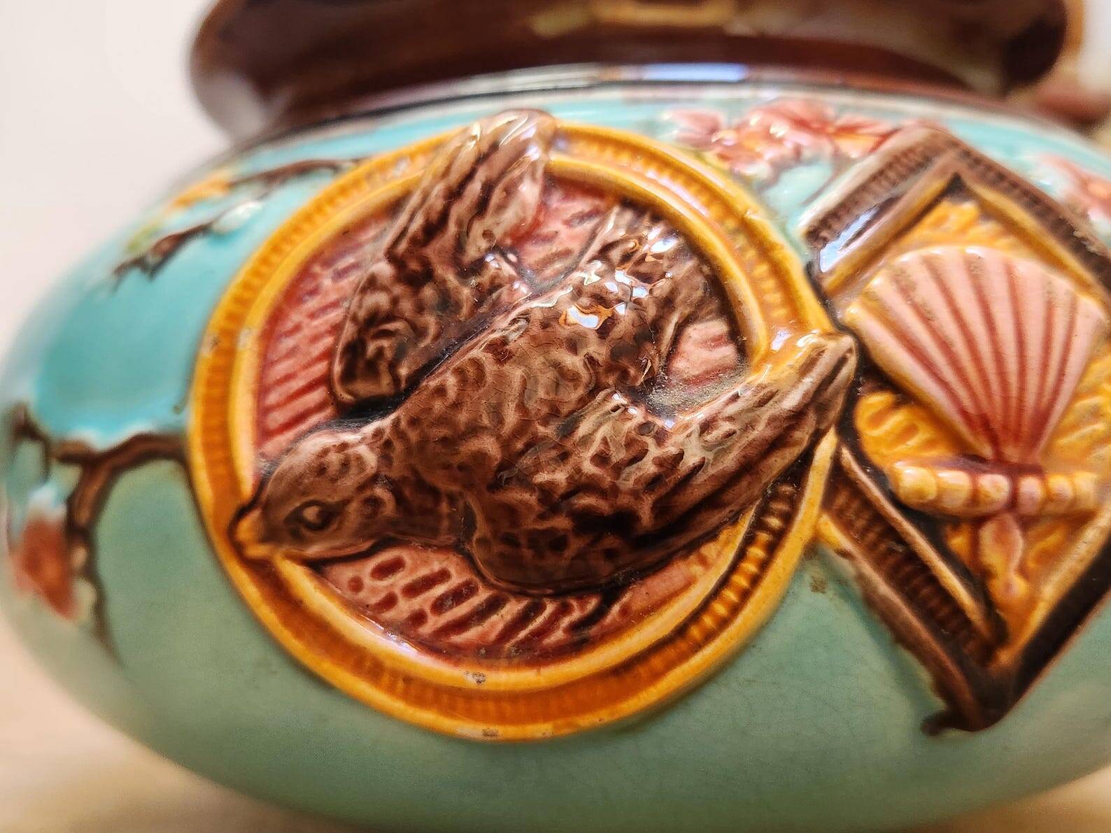 Antique French Barbotine Planter Art Nouveau Japanese Style Bird and Fan