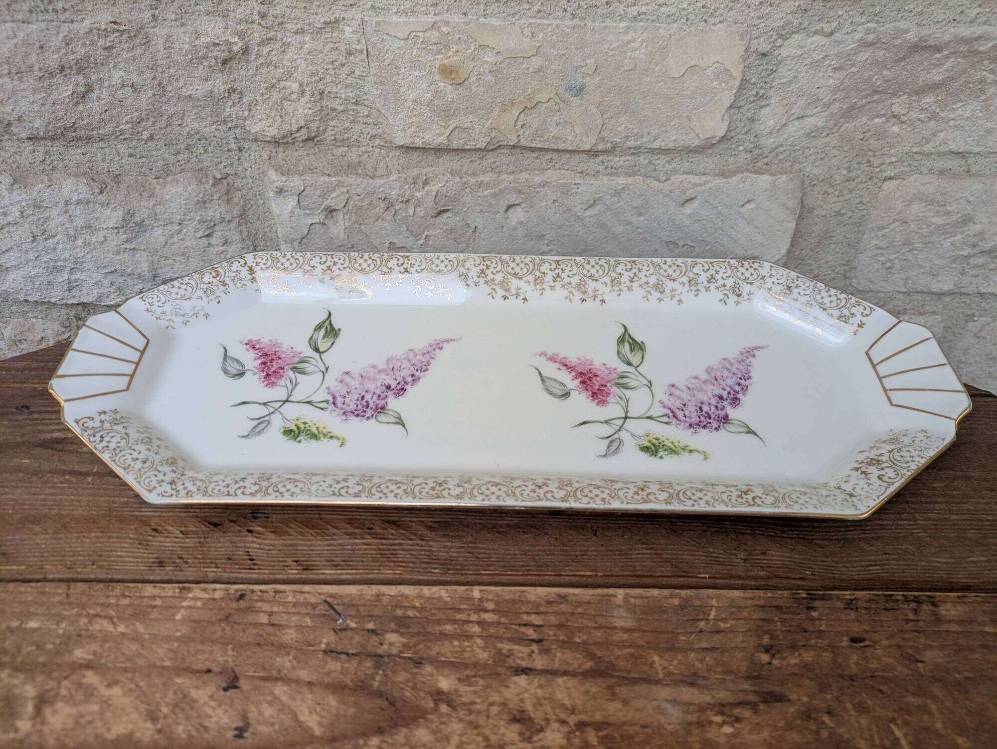 Limoges enamel porcelain cake dish LF with lilac flower decoration.