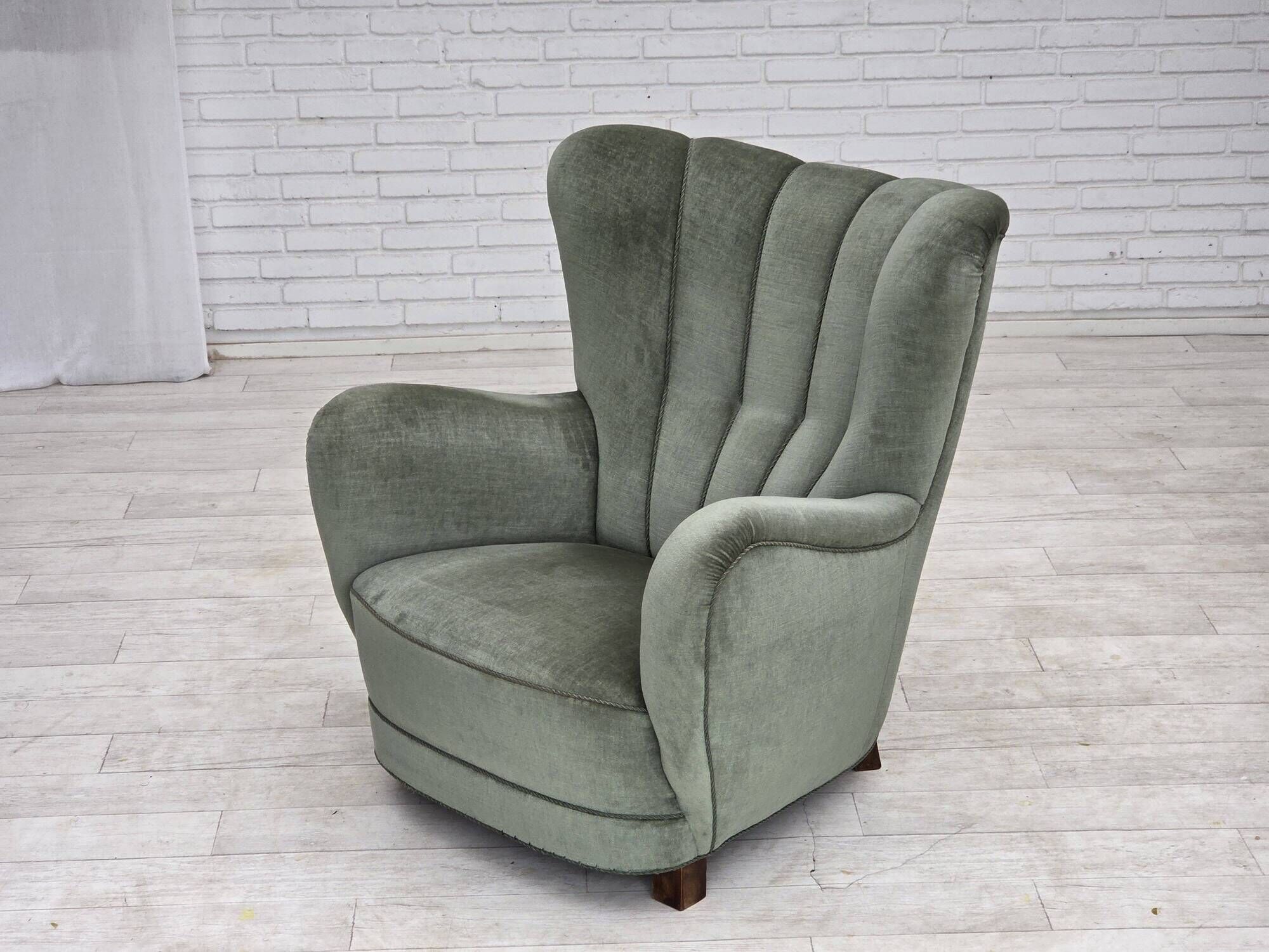 1960s, Danish highback relax chair, furniture velour, ash wood.