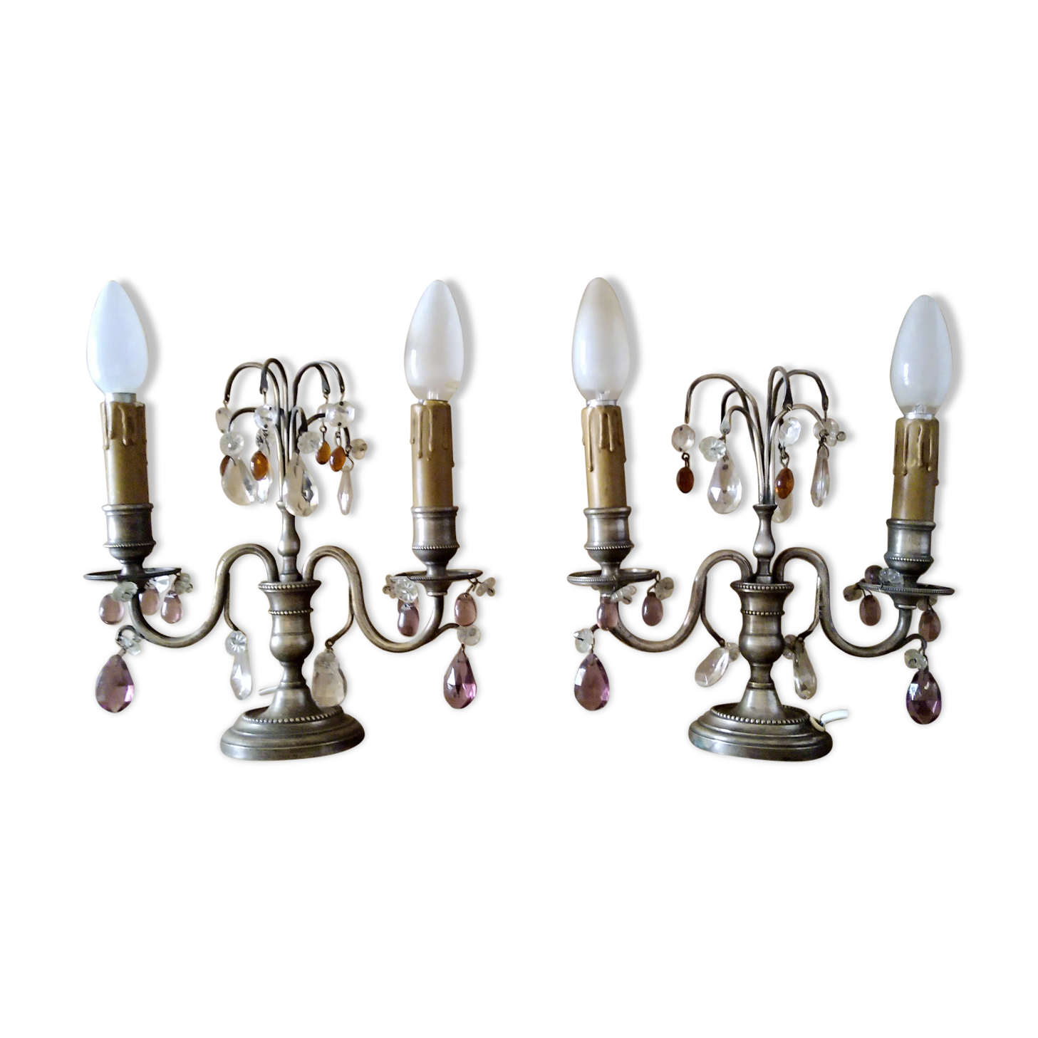 Pair of girandole lamps and silver metal