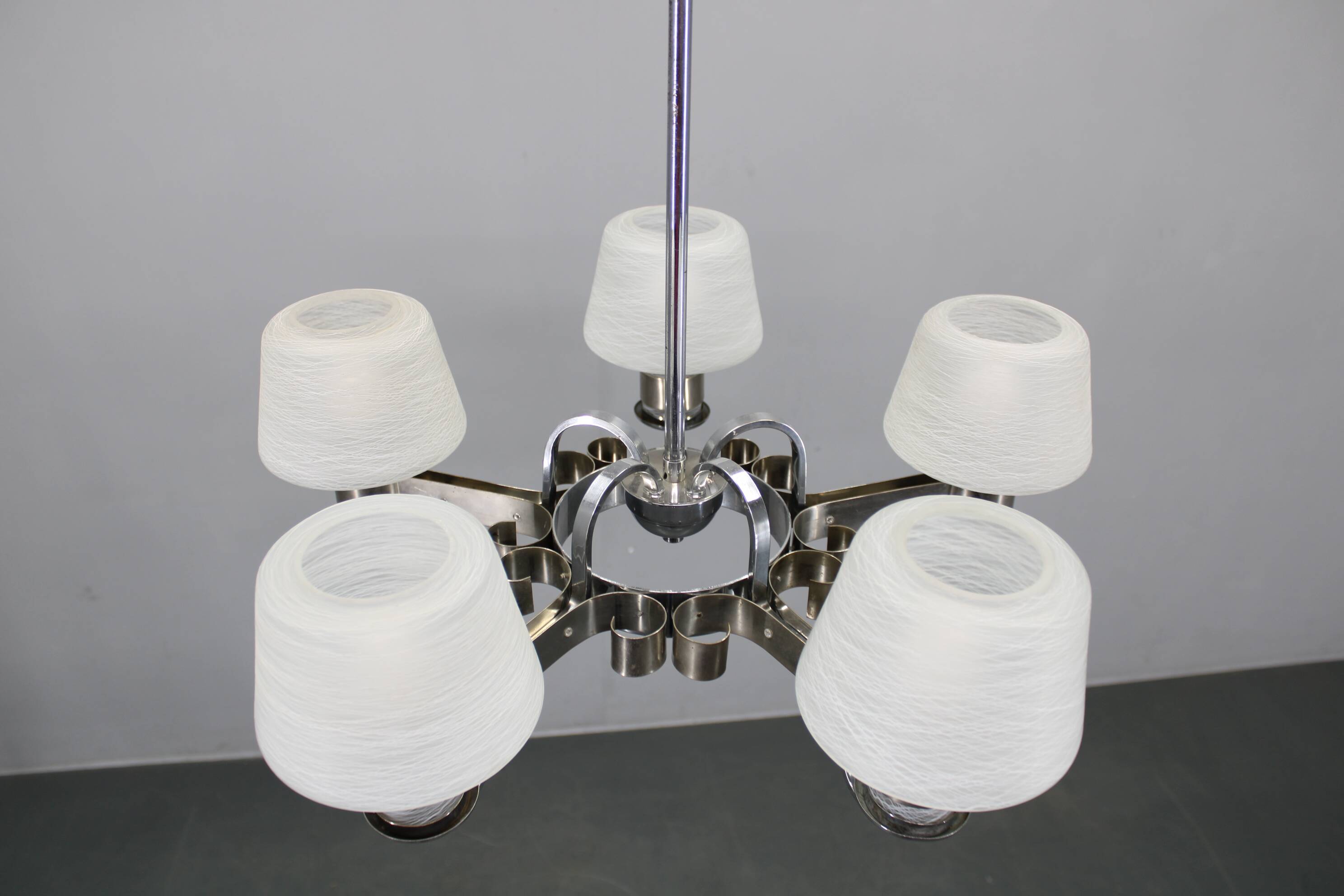 Art Deco nickel chandelier with textured glass, Czechoslovakia, 1930s