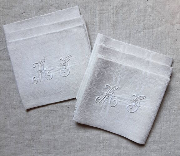 6 serviettes de table damassées en gros lin monogrammées "MG"