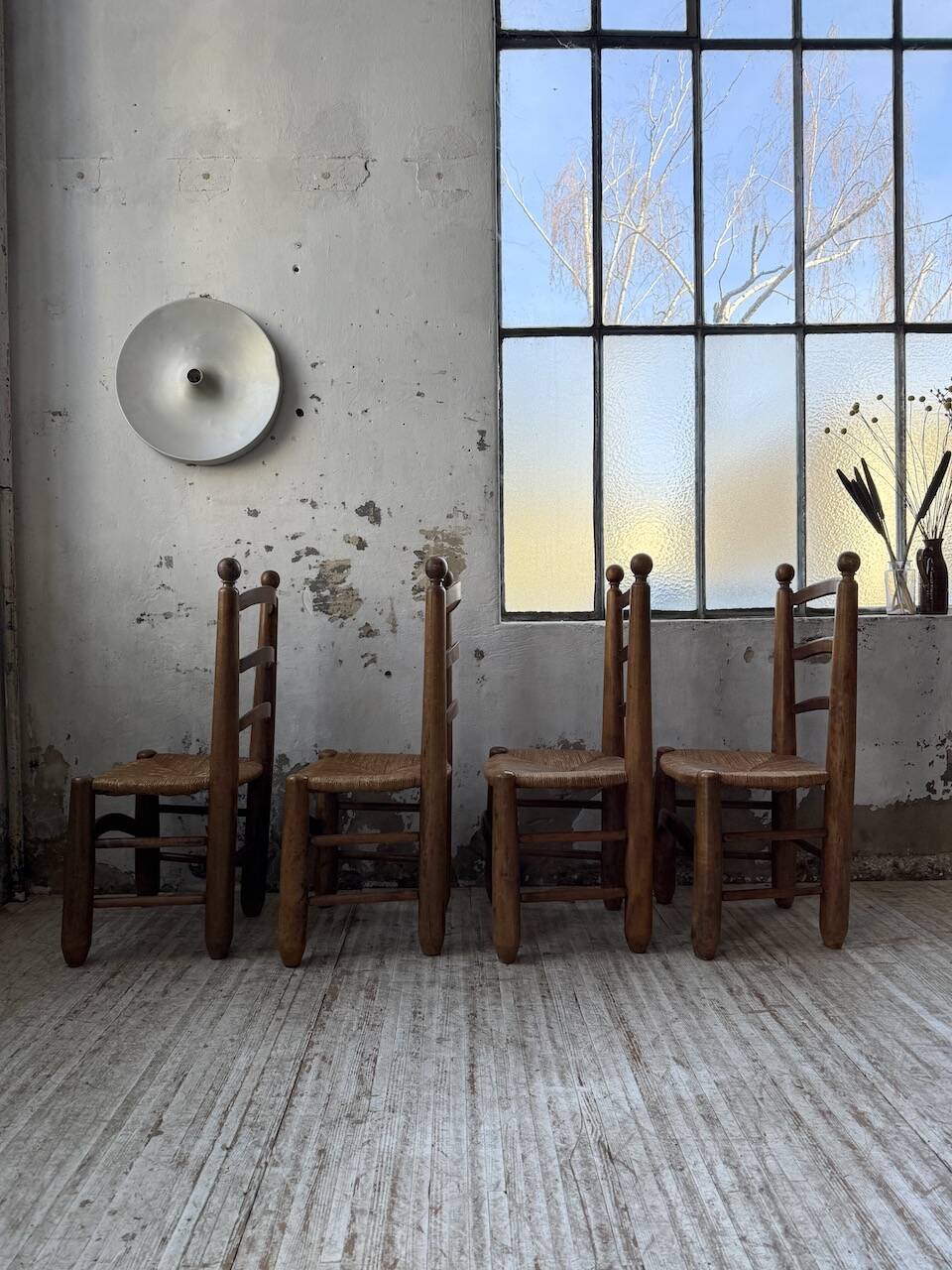 Set of 4 oak and straw chairs Dudouyt 1940