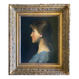 Tableau HSP "Portrait de jeune femme" vers 1900 + cadre barbizon