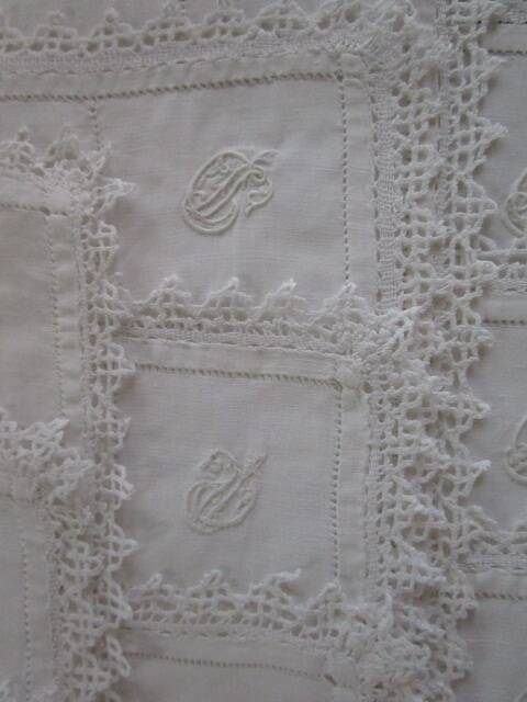14 antique embroidered, monogrammed tea towels