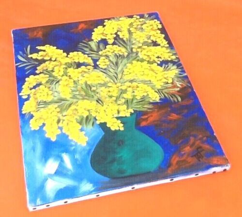 Tableau huile sur toile nature morte bouquet de mimosa