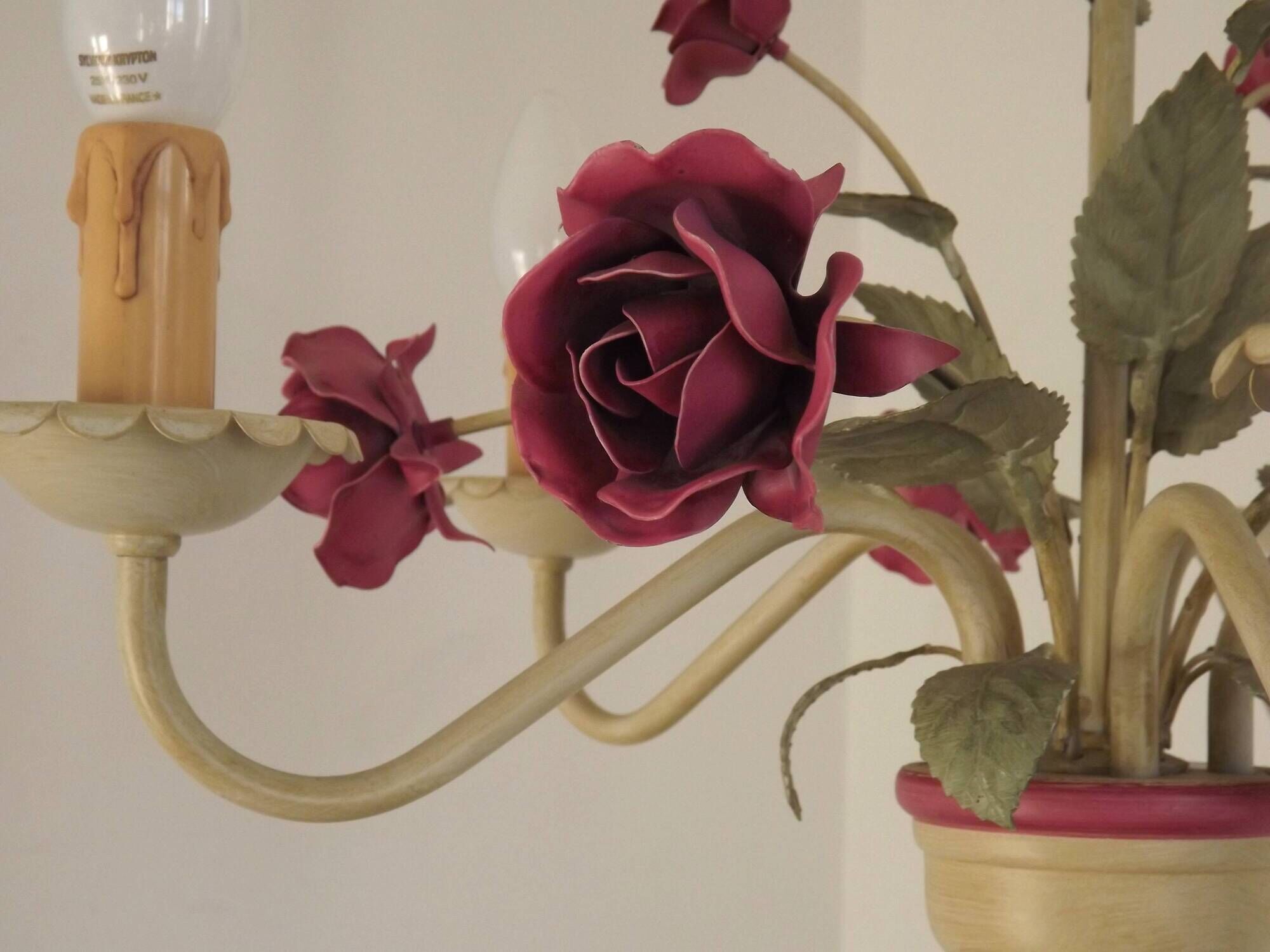 French vintage metal deep pink rose and green leaf 5-light chandelier