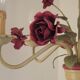 French vintage metal deep pink rose and green leaf 5-light chandelier