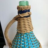 Scoubidou and wicker bottle with yellow and blue handle 70s