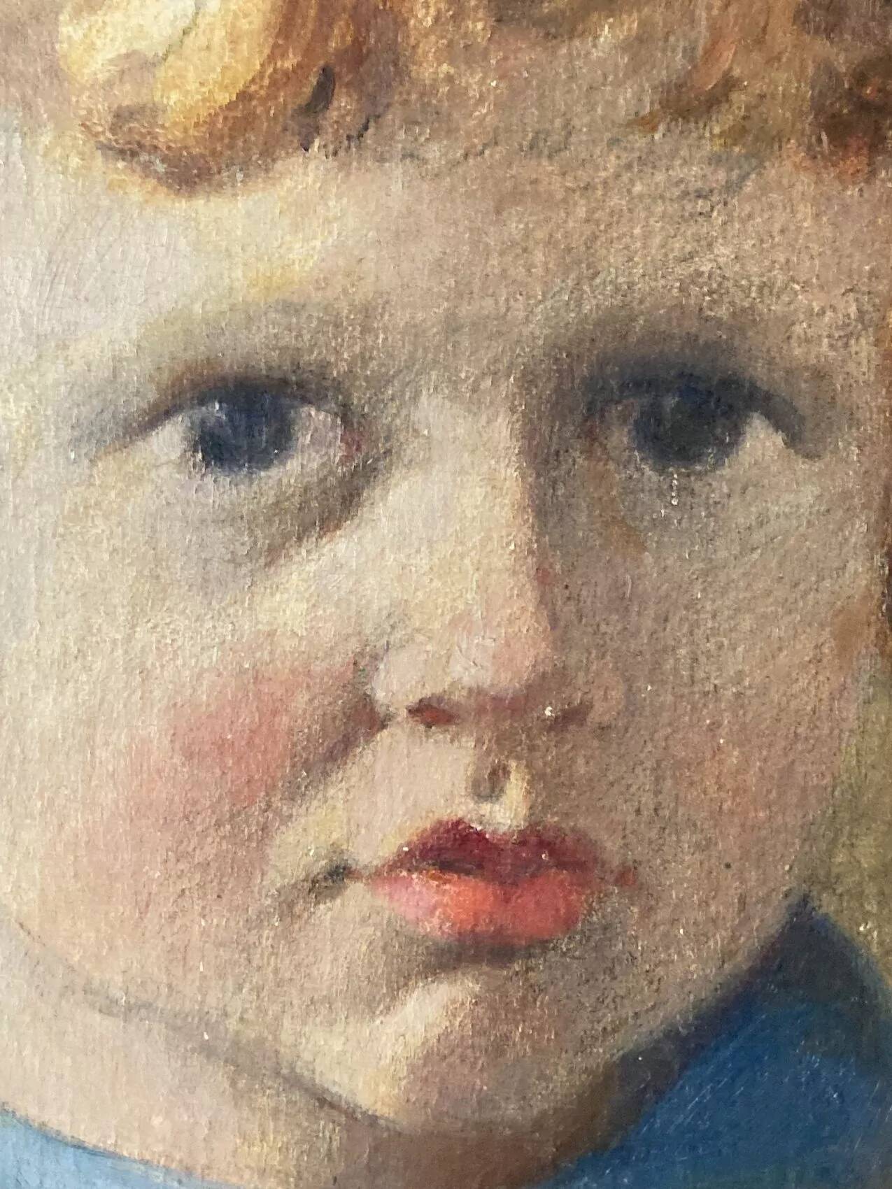 Portrait of a child signed Morin 1922 – oil on mounted panel 29 × 35 cm
