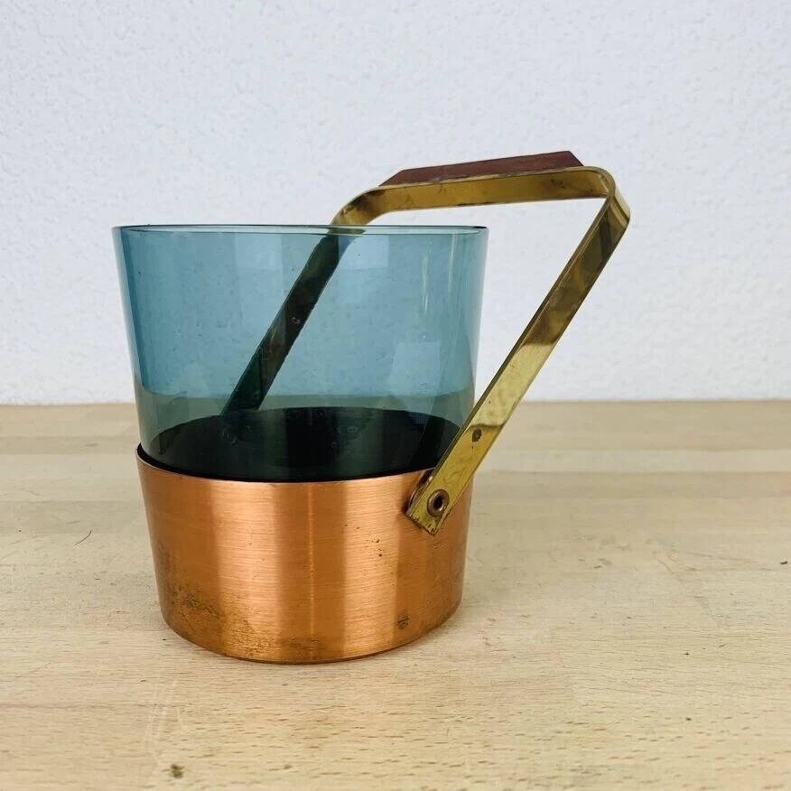 Scandinavian ice bucket in smoked glass and copper, vintage.