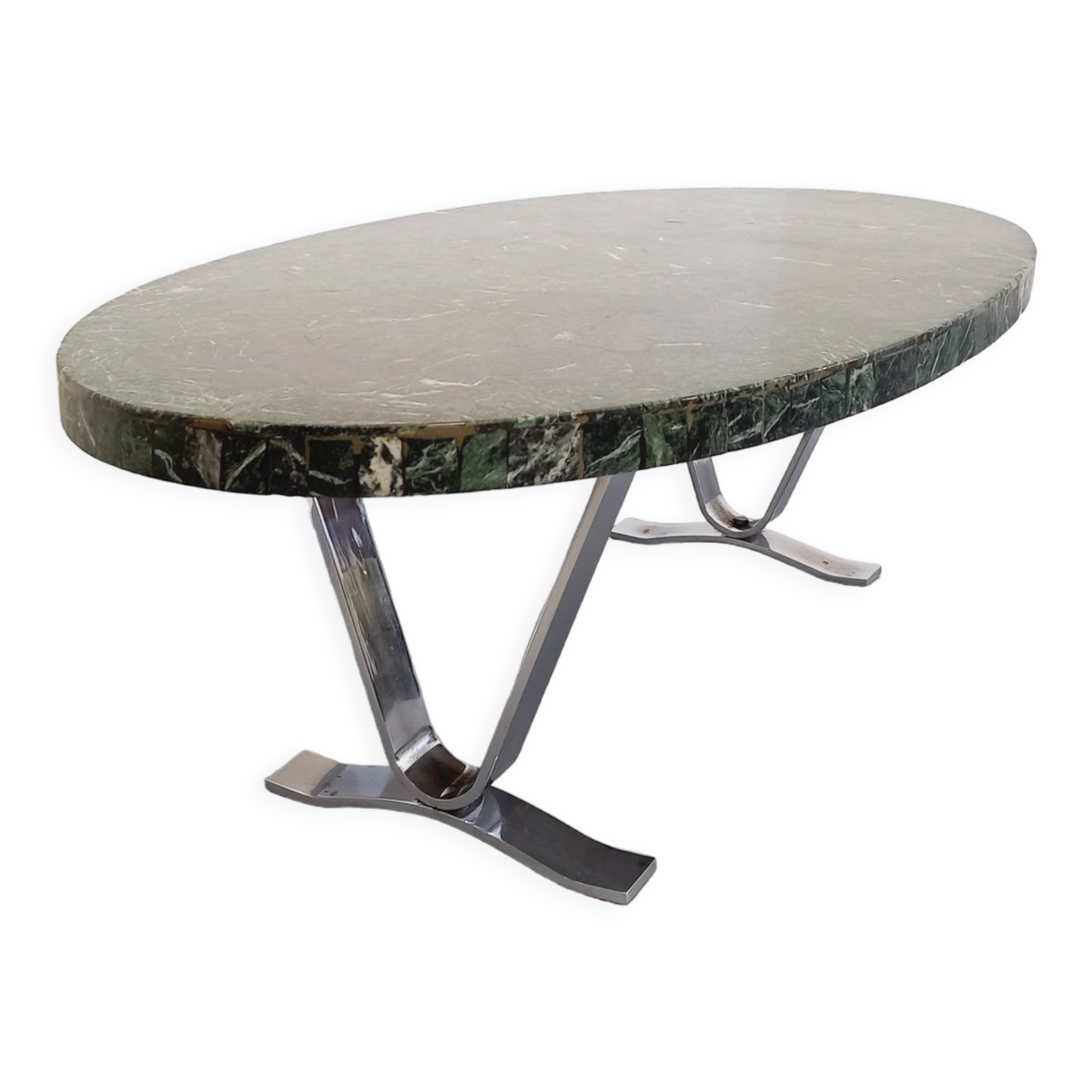 Vintage oval coffee table in stone and chromed metal from the 70s