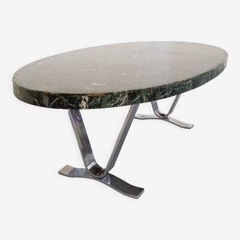 Table basse ovale vintage en pierre et métal chromé des années 70