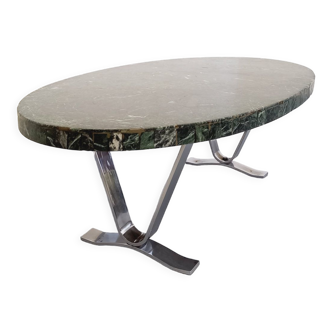 Vintage oval coffee table in stone and chromed metal from the 70s