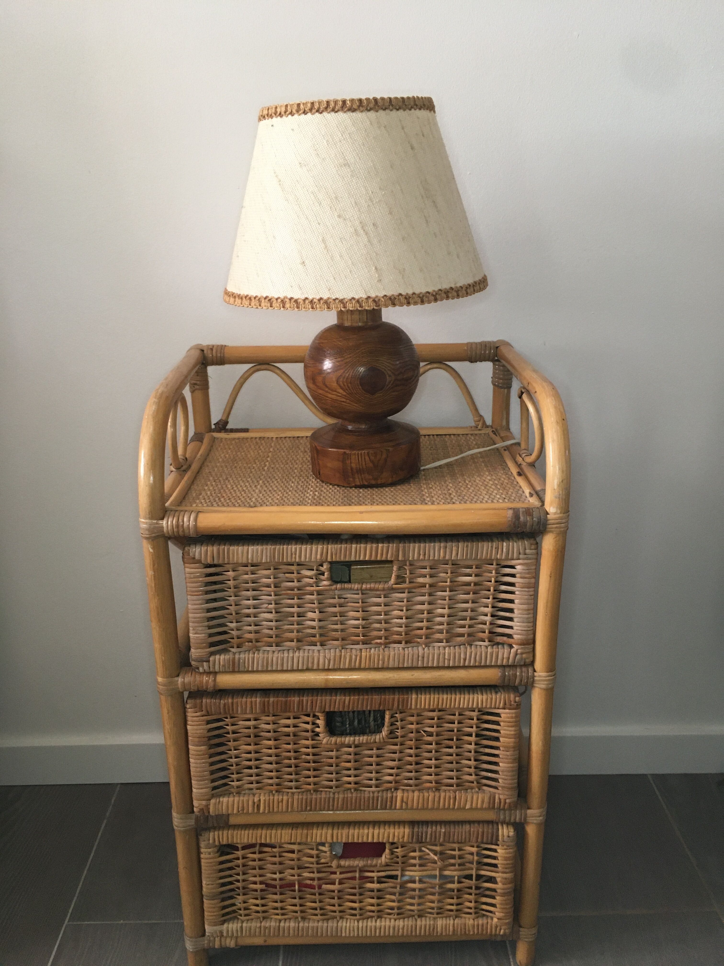 Vintage wooden foot lamp, with original lampshade