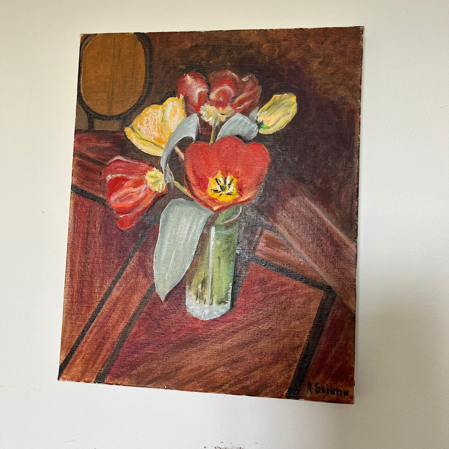 Still life canvas painting tulips on table signed r saintin