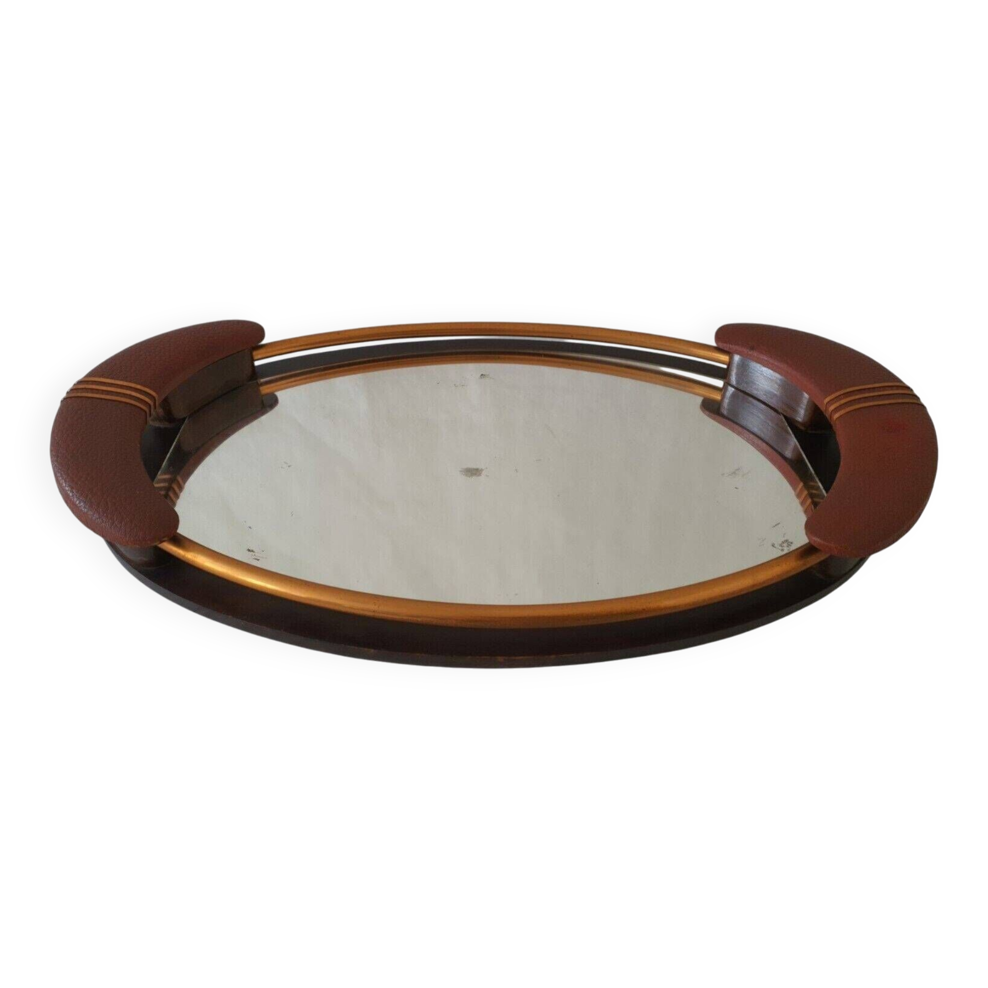 Old Superb Art Deco Style Tray Mirror Handle In Leather Or Faux Vintage