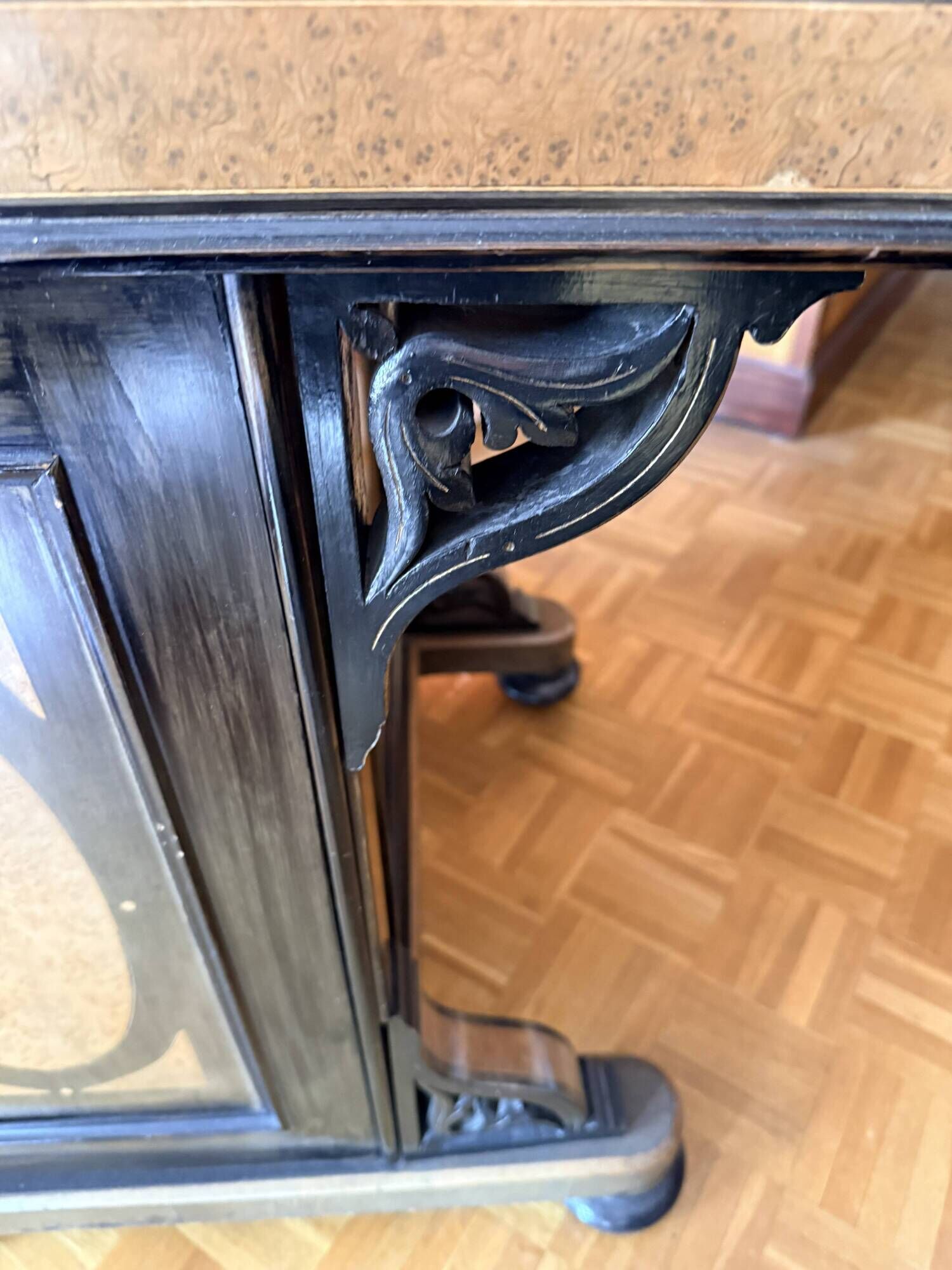 Victorian-era blackened wood and burr walnut Davenport.