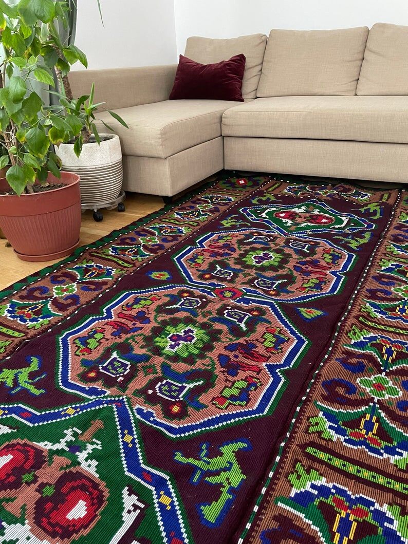 Handwoven vintage accent geometrical rug, colorful wool, wine colour with green and blue accents